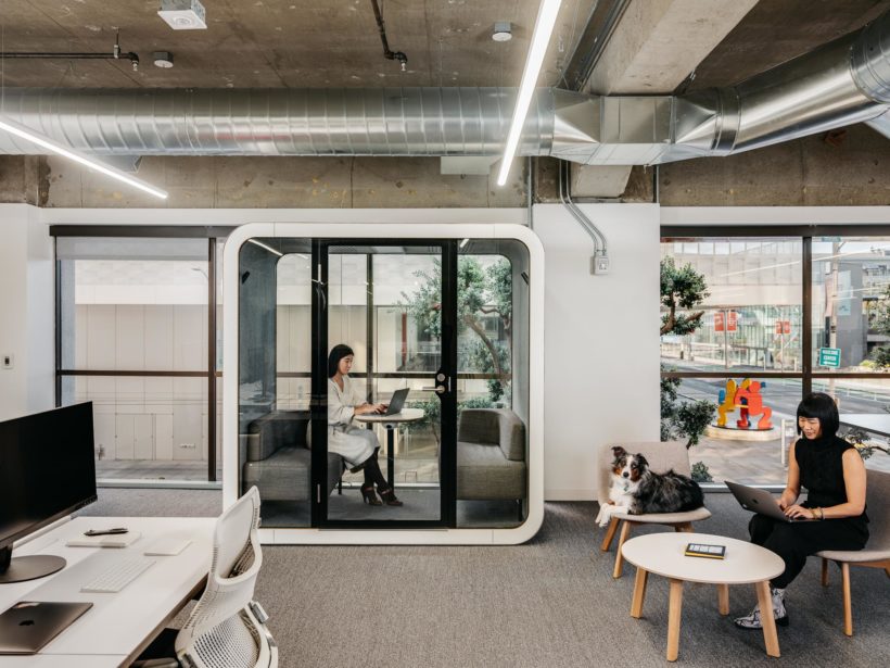 Office view. A woman working in Framery Q office pod, a woman and a dog sitting outside the pod. 