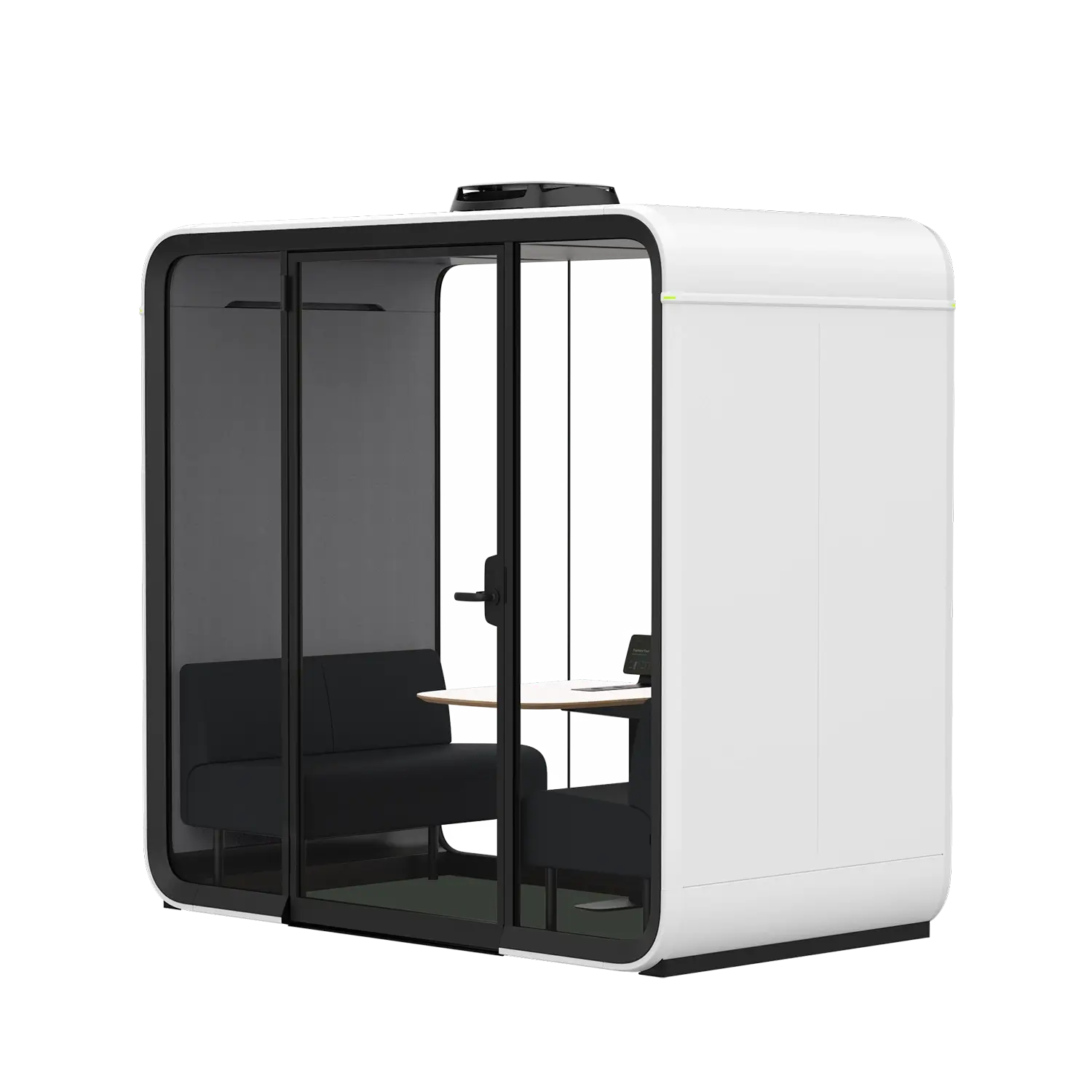 Framery Four meeting pod with glass windows, featuring a seating area and small table inside, designed for private workspace meetings.