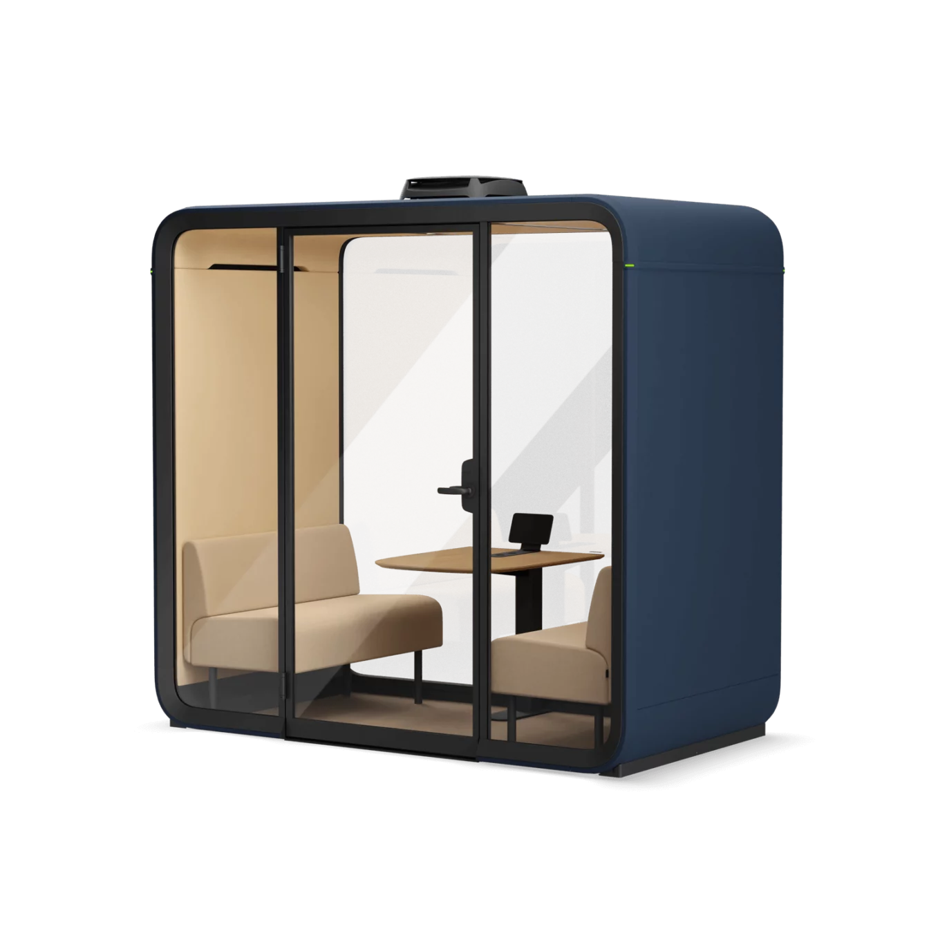 A navy colored Framery Four smart meeting pod