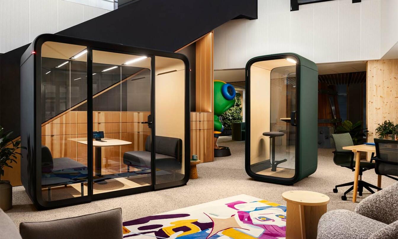 Framery smart pods in a lounge area of Supercell headquarters.