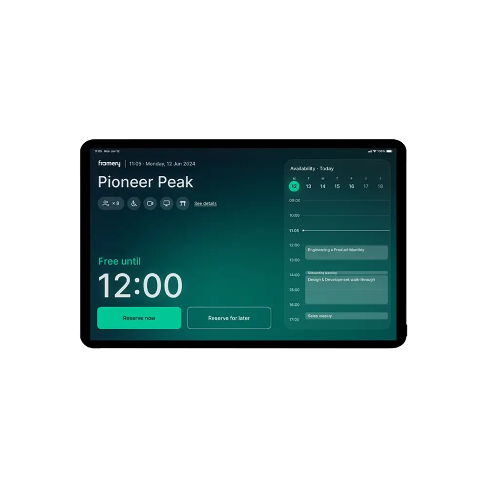 Teal gradient dashboard labeled “Pioneer Peak” showing “Free until 12:00” with “Reserve now” and “Reserve for later” buttons and an availability calendar on the right.