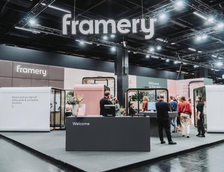 Framery office pods at a fair stand.