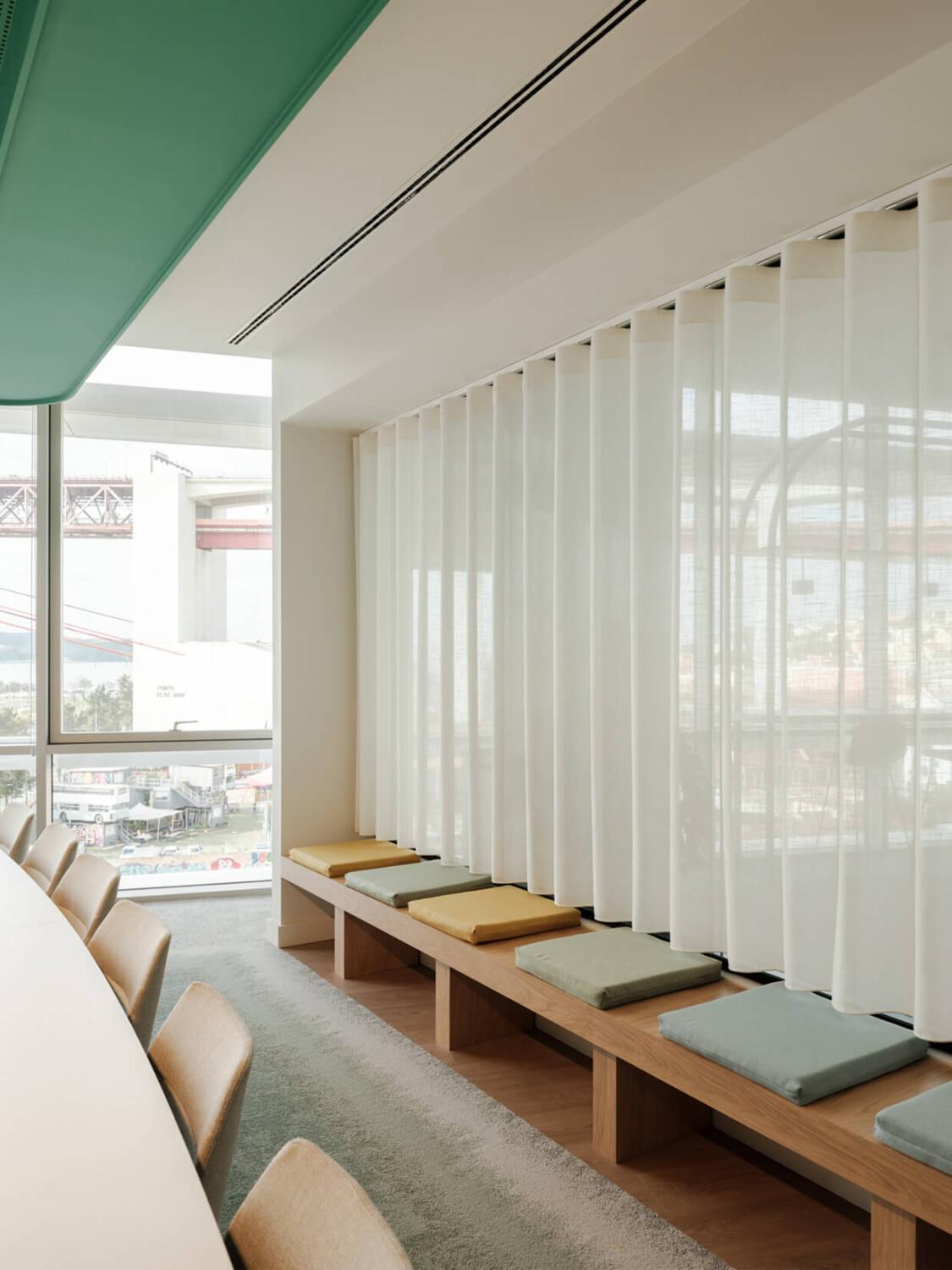 A light colored office meeting room.