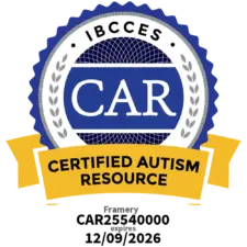 Badge with "IBCCES" and "CAR" text. Labeled "Certified Autism Resource," featuring laurel wreath design, blue and yellow colors, symbolizing certification and support for autism resources.