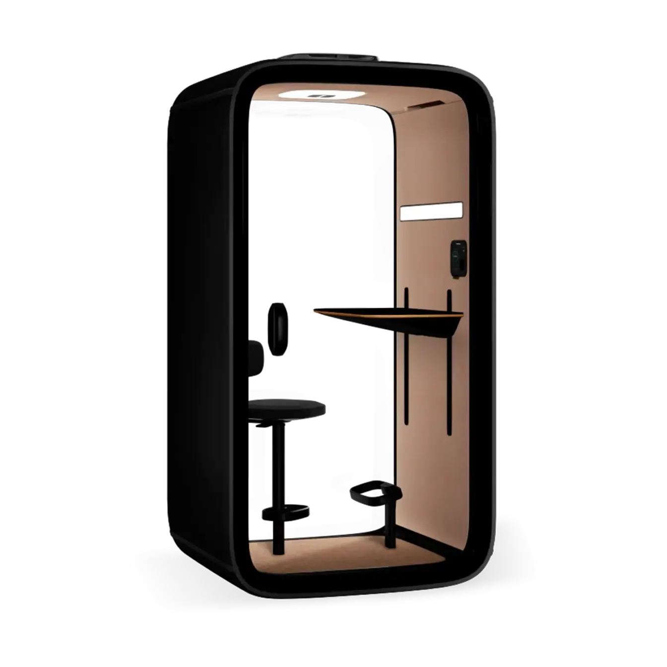 Framery One schallgedämpfte Bürozelle mit schwarzem Äußeren, ergonomischem Stuhl und Schreibtisch, konzipiert für Privatsphäre und konzentriertes Arbeiten.