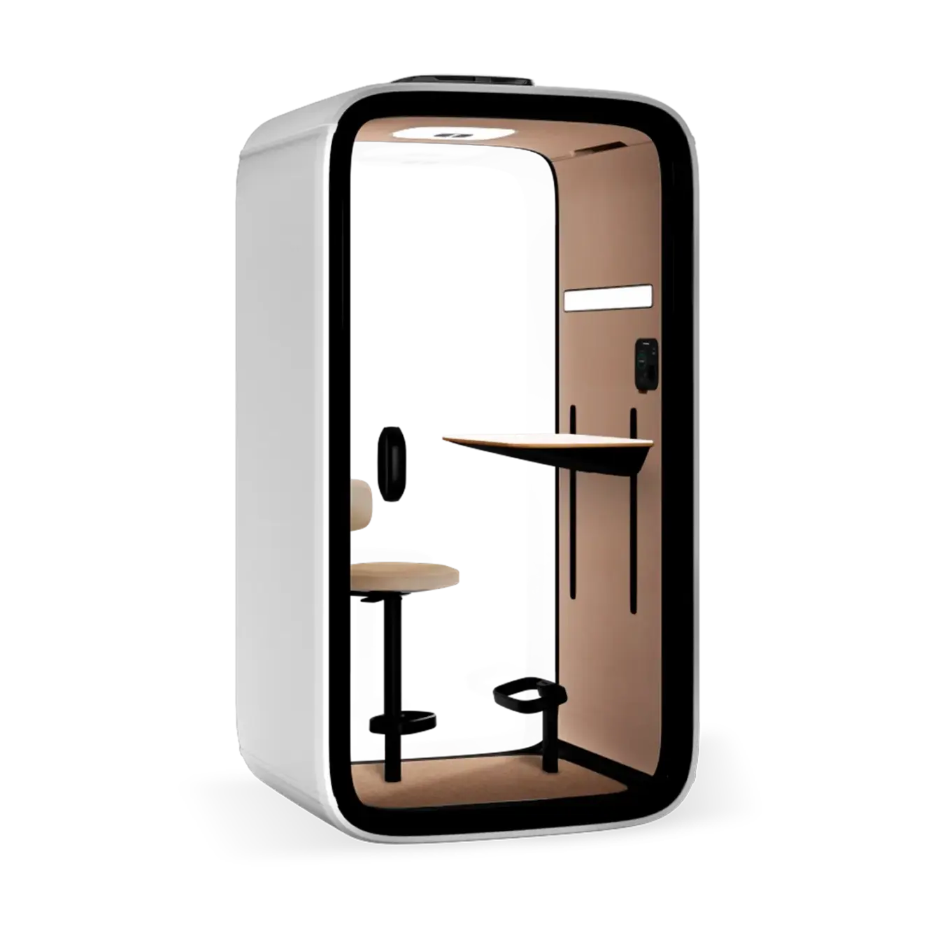 Framery One soundproof office pod in white exterior with an ergonomic chair and desk, designed for privacy and focused work.