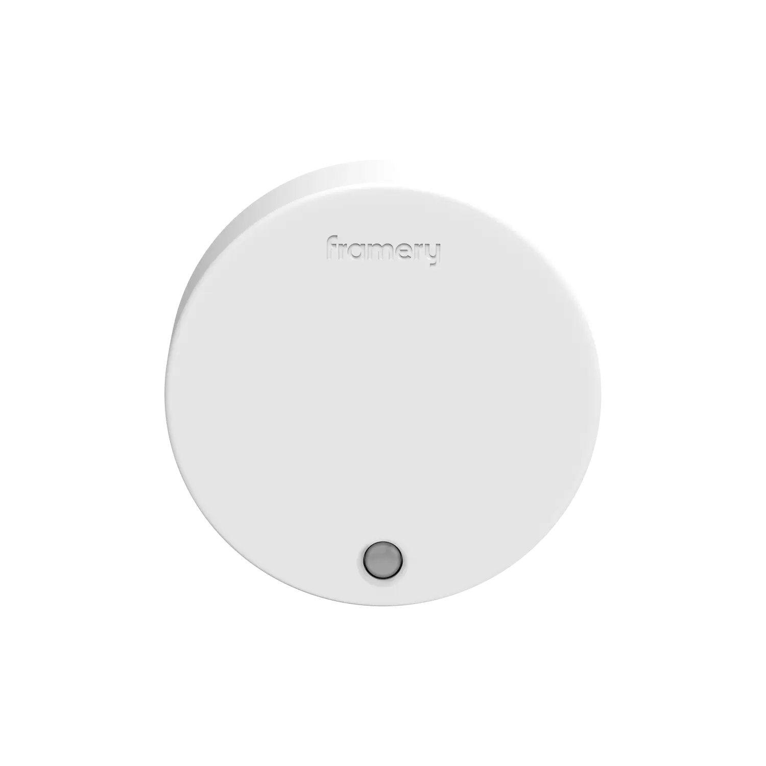 A round white Framery Room Sensor device labeled "framery," featuring a small black button at the bottom, set against a plain white background.