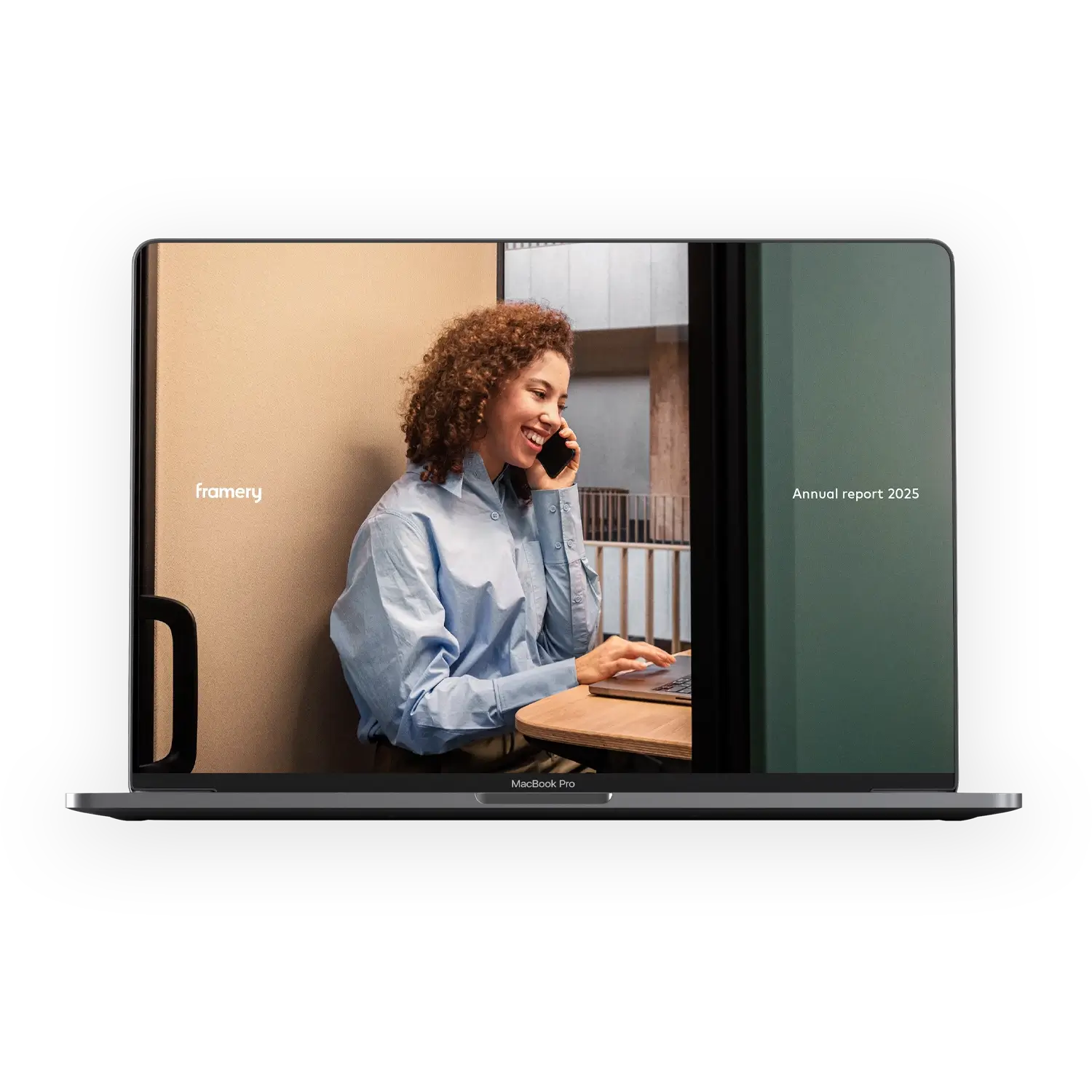 Foldable laptop showing a smiling woman on a video call.