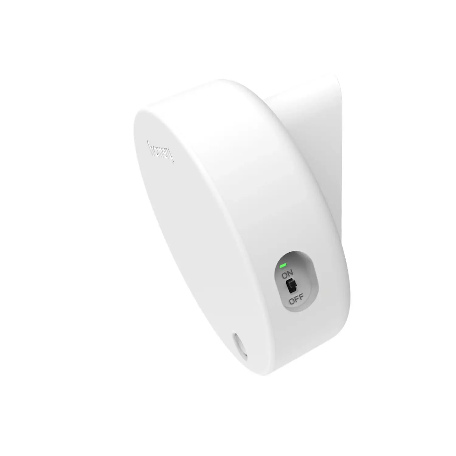 White, cylindrical, wall-mounted Framery Room Sensor with a small circular lens and green indicator light.