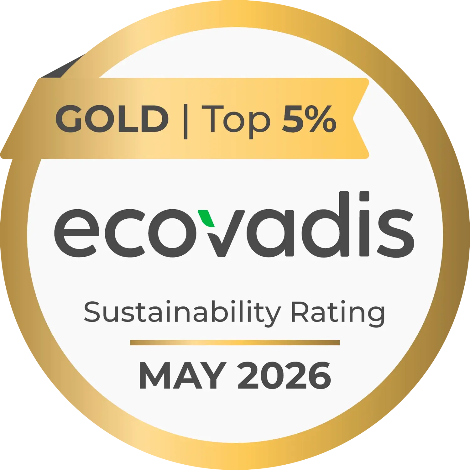 ecovadis Gold Top 5% Sustainability Rating badge showing May 2026.