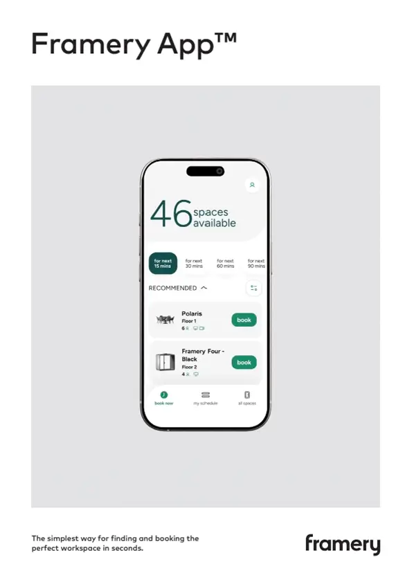 Smartphone displaying the Framery App interface with 46 spaces available.