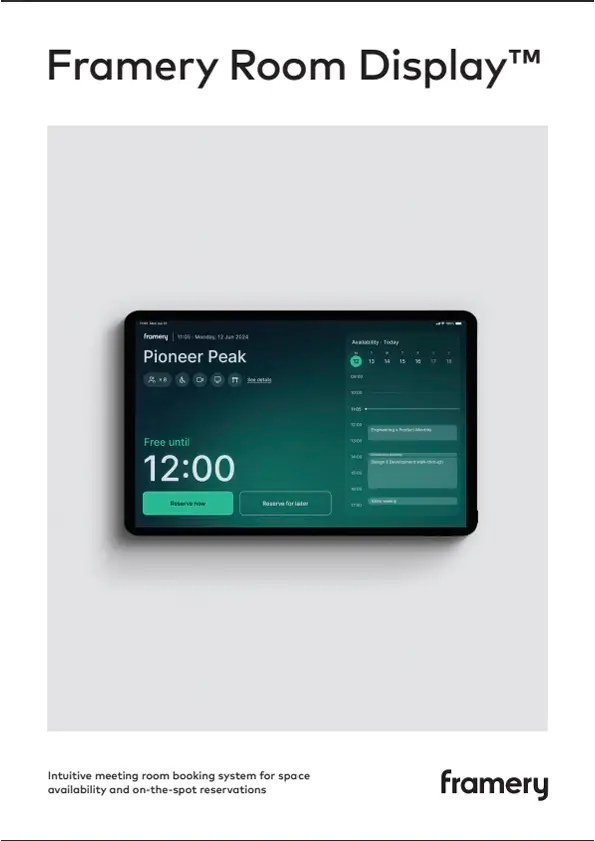 Framery Room Display device showing a meeting room booking interface on its screen.