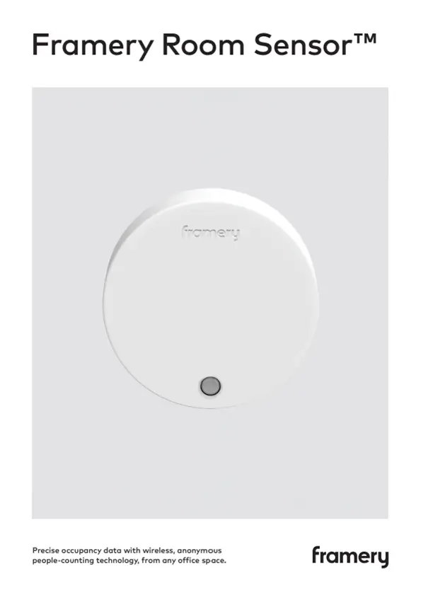 White circular room sensor with a small dark indicator on a light gray panel, labeled Framery Room Sensor.