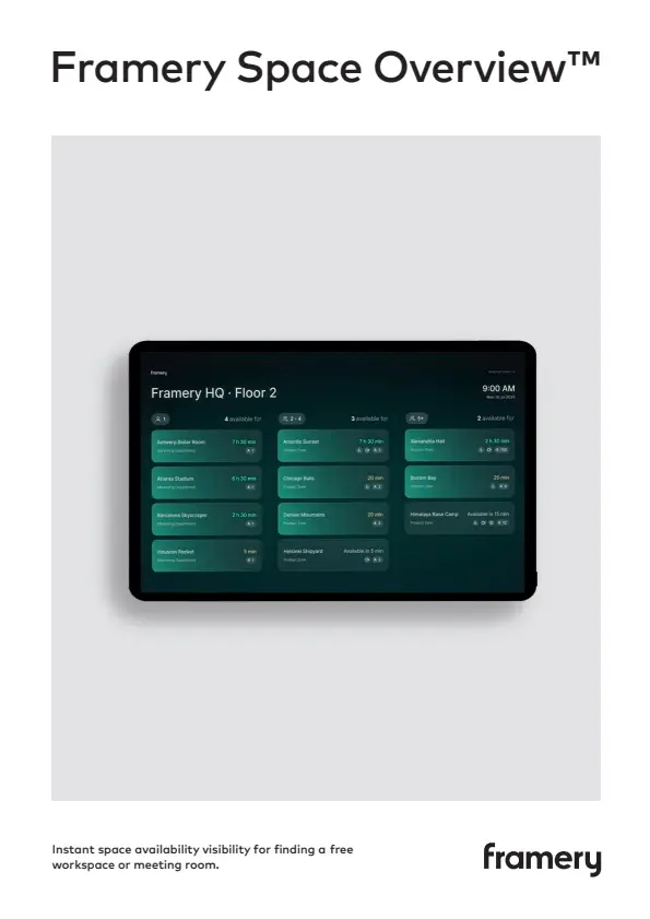 A tablet displaying a teal dashboard labeled "Framery HQ - Floor 2" on a light gray poster with the "Framery Space Overview" branding.