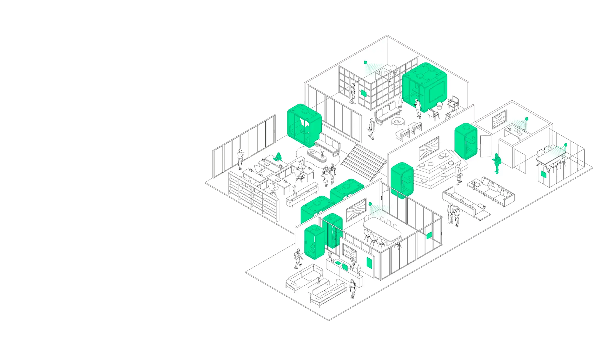 Isometric illustration of an office floor-plan with built-in meeting rooms, Framery smart pods and Framery smart office solutions.