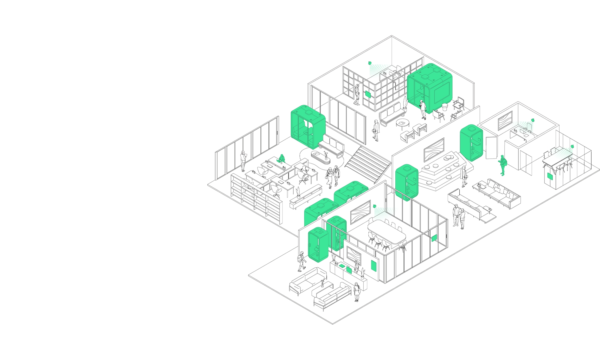 Isometric view of a multi-room building interior with white walls and green plants.