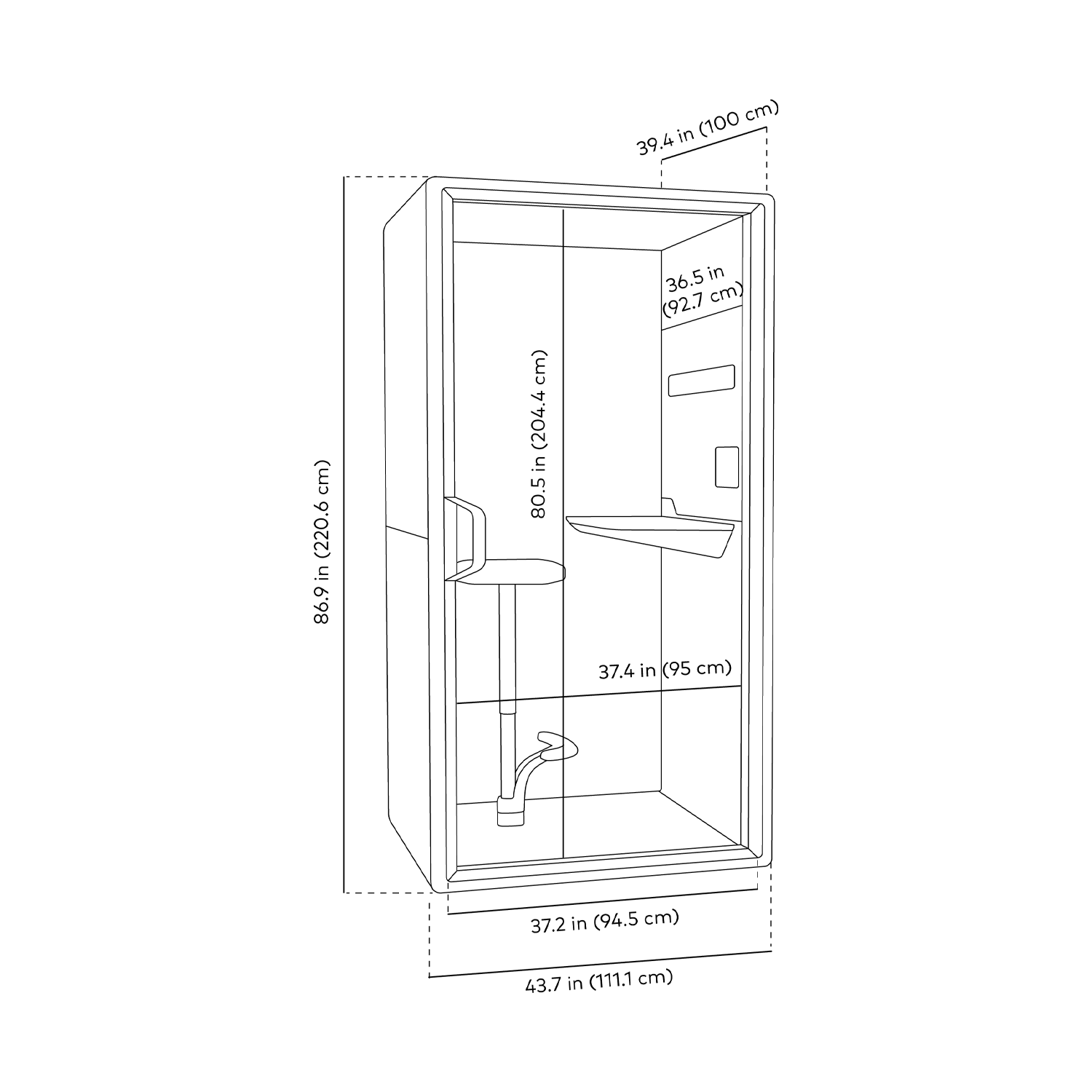 A line drawing of Framery Gradus Focus showing dimensions.