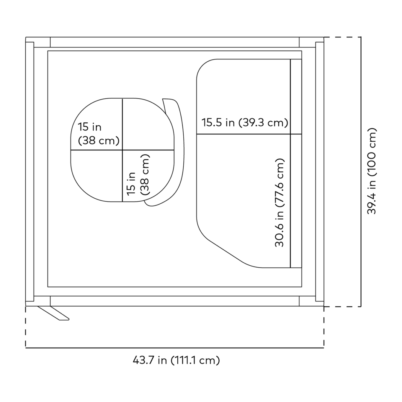 Line drawing of Framery Gradus Focus from top-view with dimensions.
