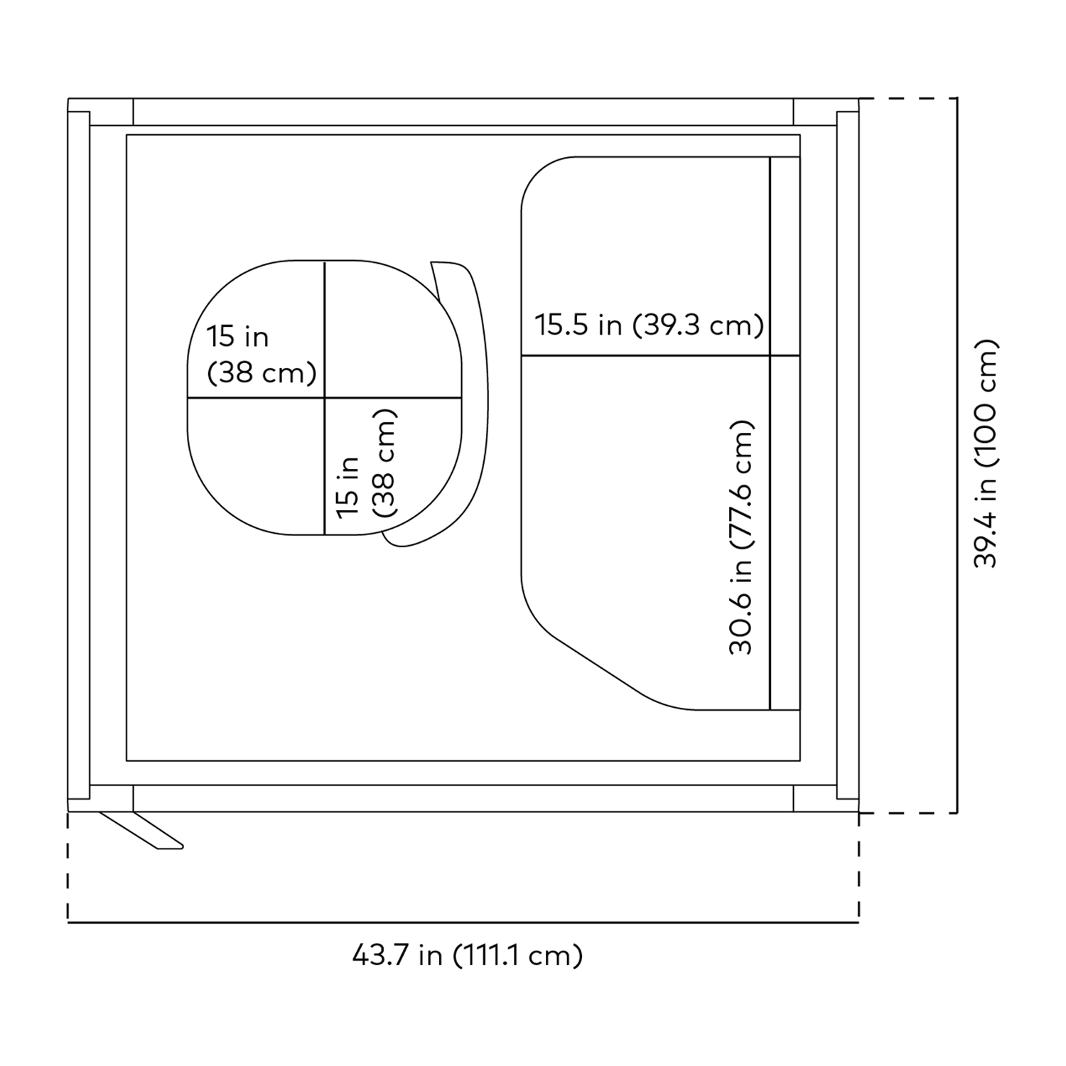 Line drawing of Framery Gradus Focus from top-view with dimensions.