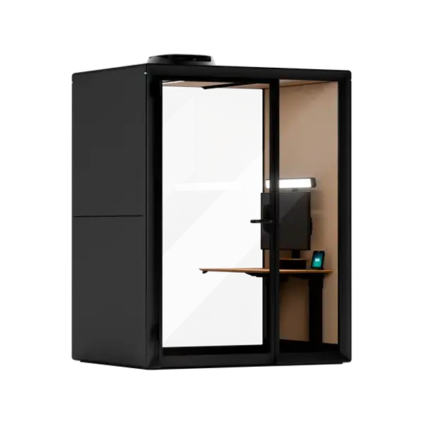 Black metal cabinet with a glass door, revealing a small wooden office inside with a desk and laptop.