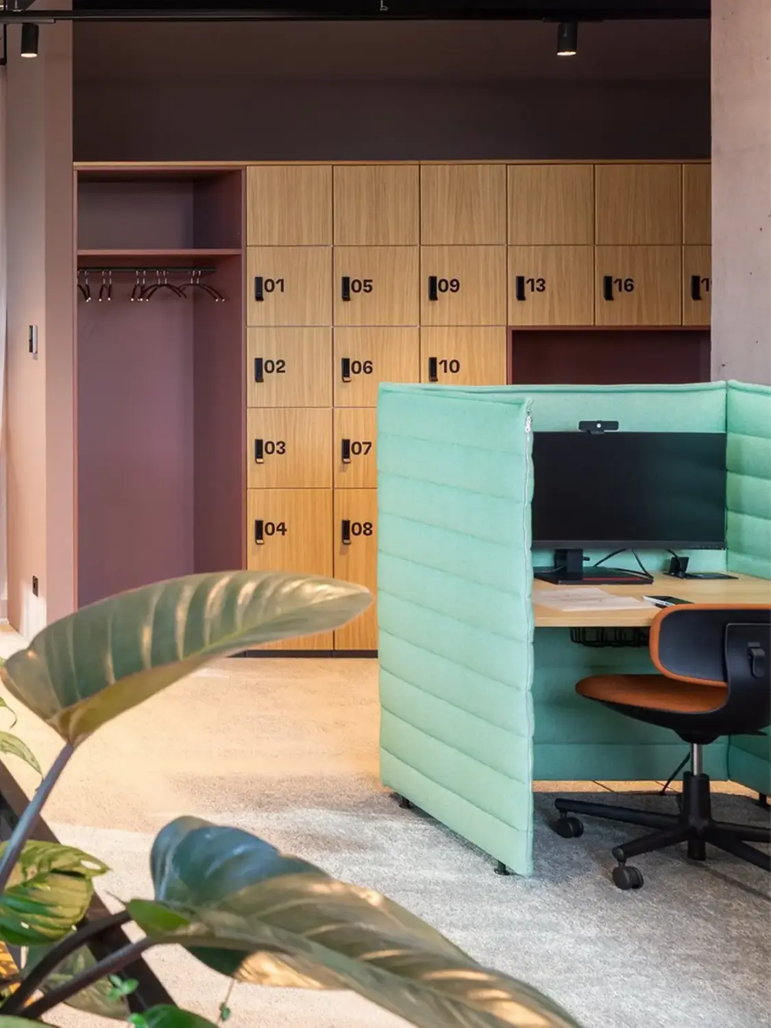 Open office area with tall wooden numbered lockers in the background and a mint-green privacy cubicle around a desk with a computer, with large plant leaves in the foreground.