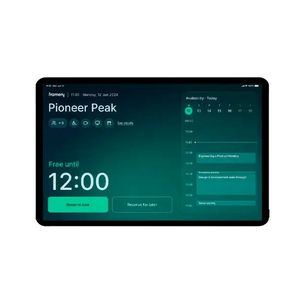 Teal-themed digital dashboard on a screen showing a large 12:00 time and the title 