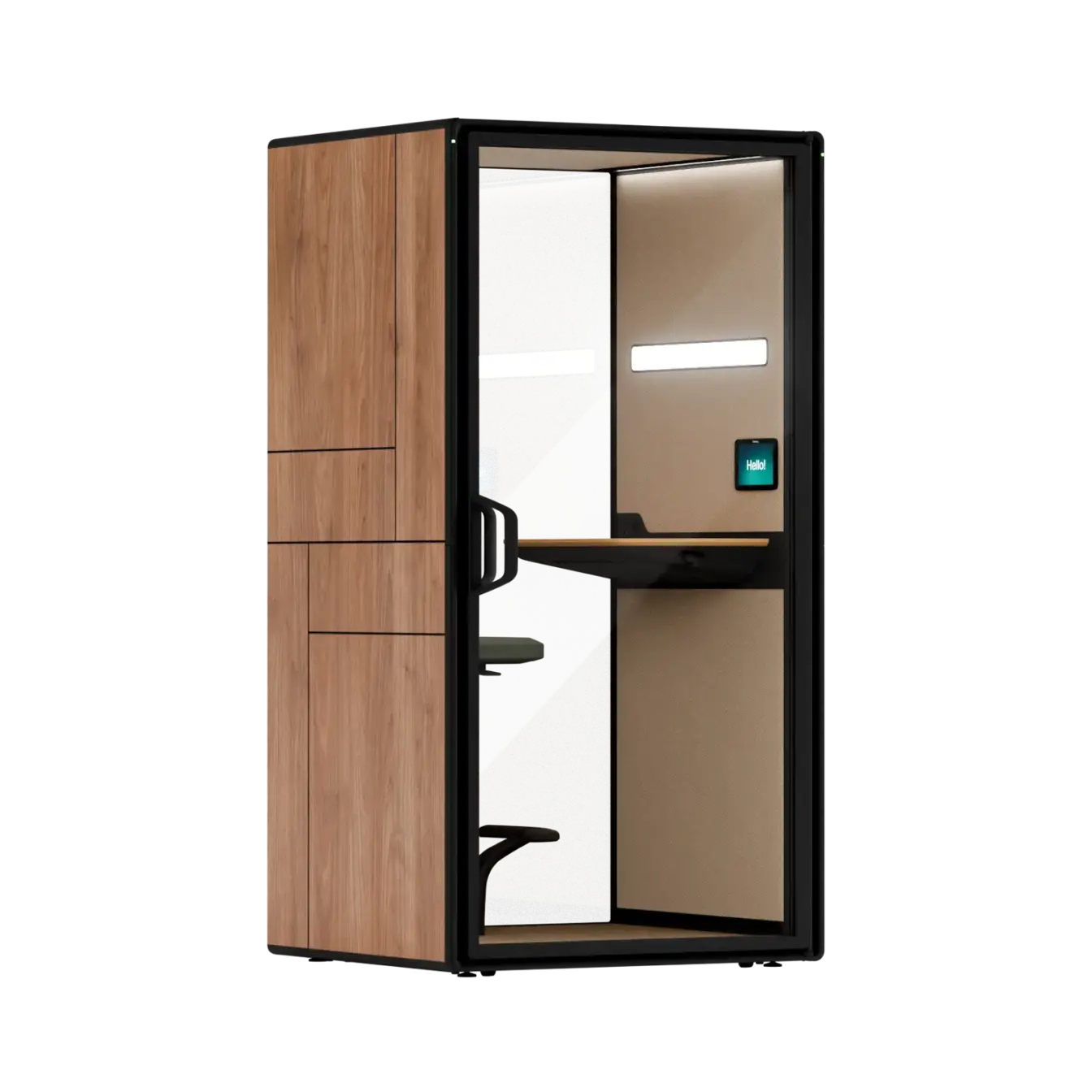 A Framery Gradus Focus private office pod with walnut grid exterior and with a desk and chair inside.