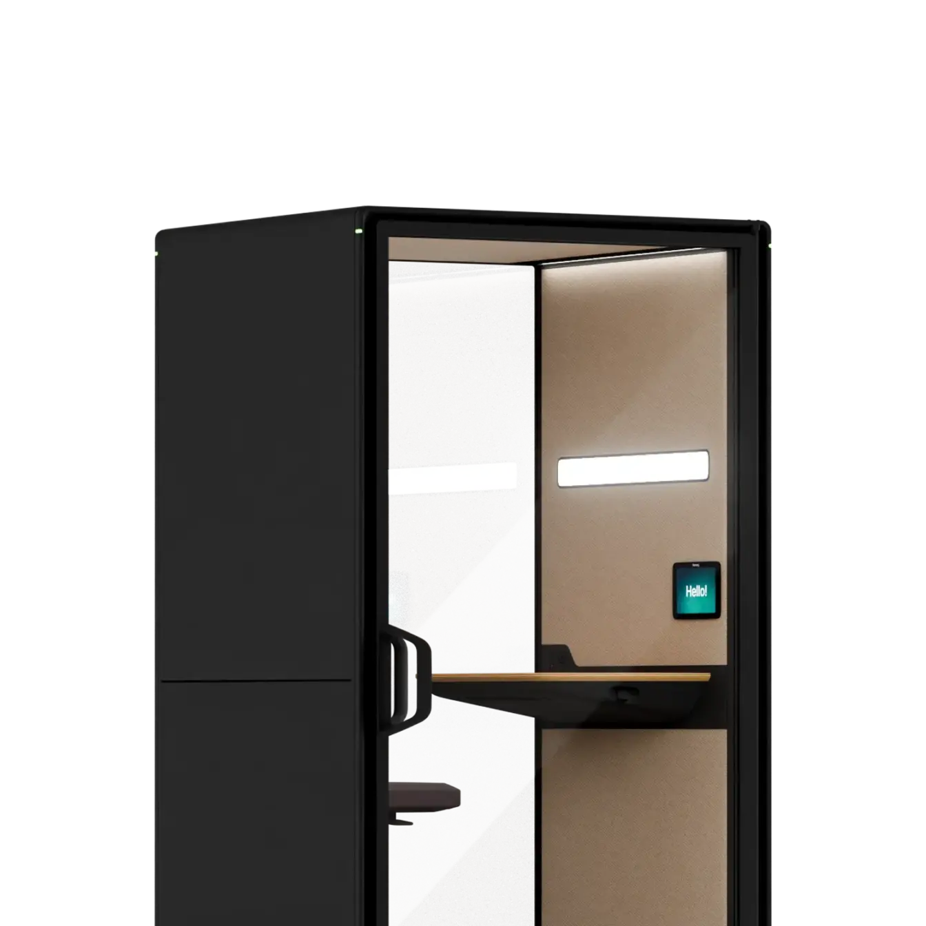 Framery Gradus Focus pod in black showing a small desk, chair, and wall screen inside.