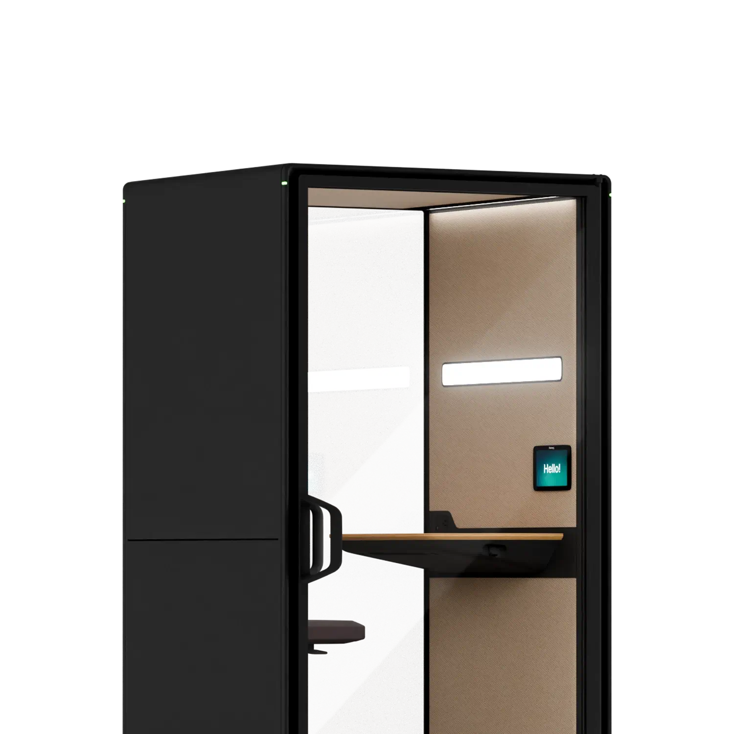Framery Gradus Focus pod in black showing a small desk, chair, and wall screen inside.