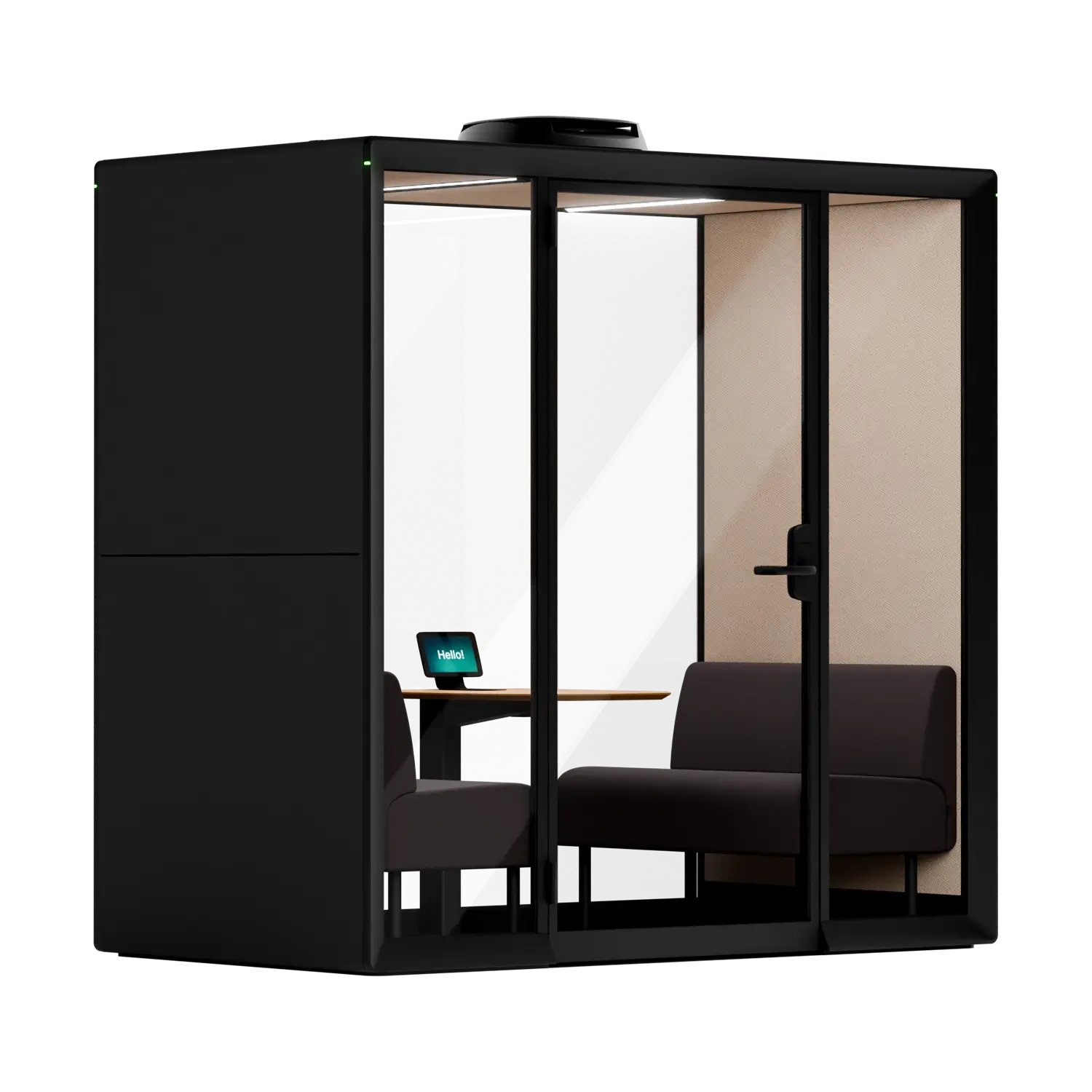 Glass-walled Framery Gradus Huddle acoustic huddle room with a sofa, small table, and a tablet inside.