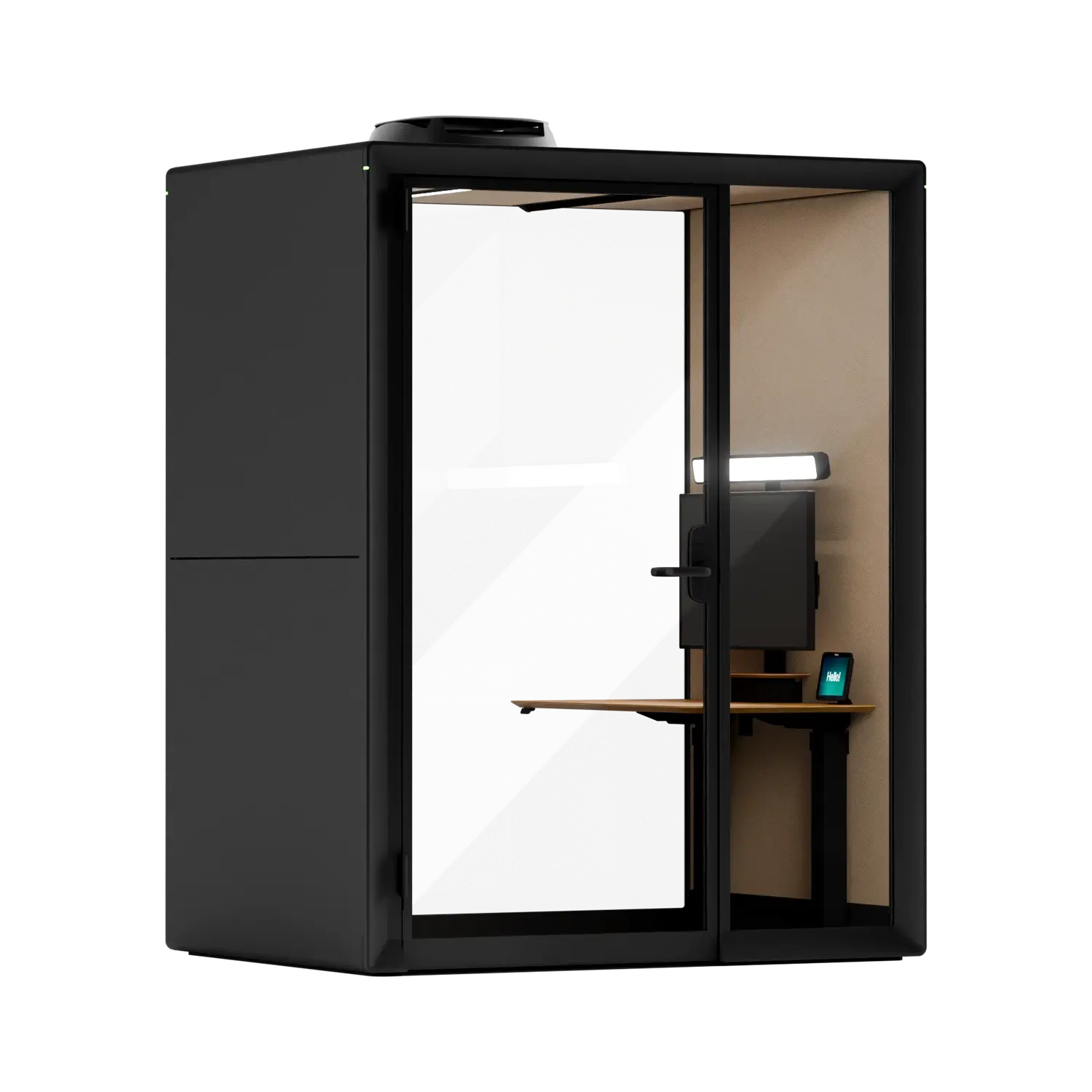 A compact black Framery Gradus Work office pod with a wooden desk and laptop inside.