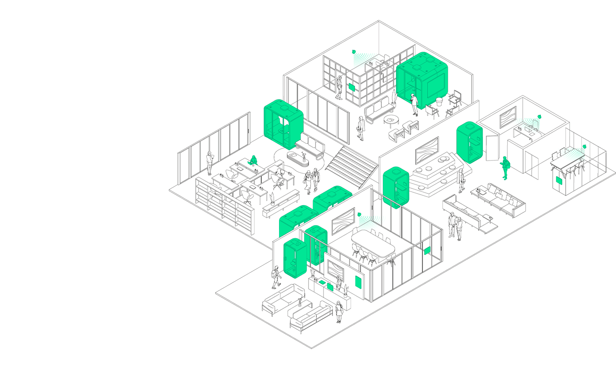 Isometric illustration of a multi-room office floor plan with desks, meeting pods, and teal furniture accents.