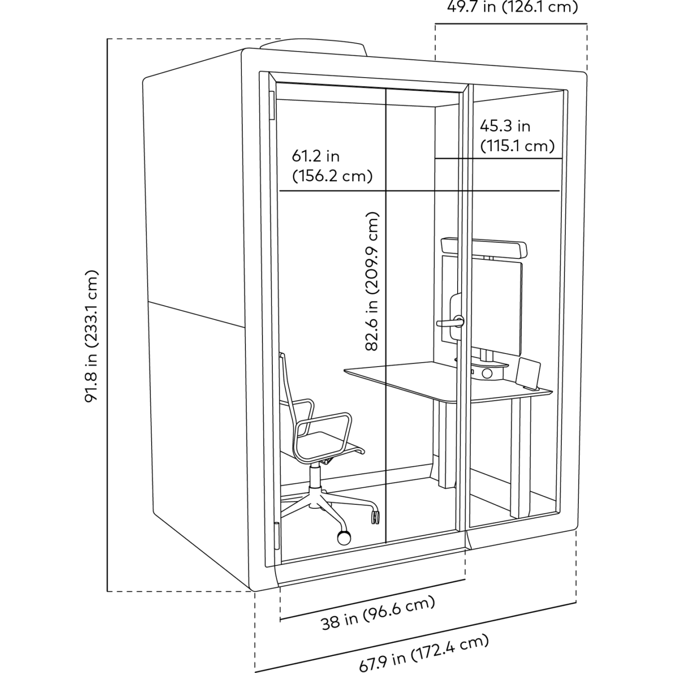 Framery Gradus Work pods main dimensions in line drawing.