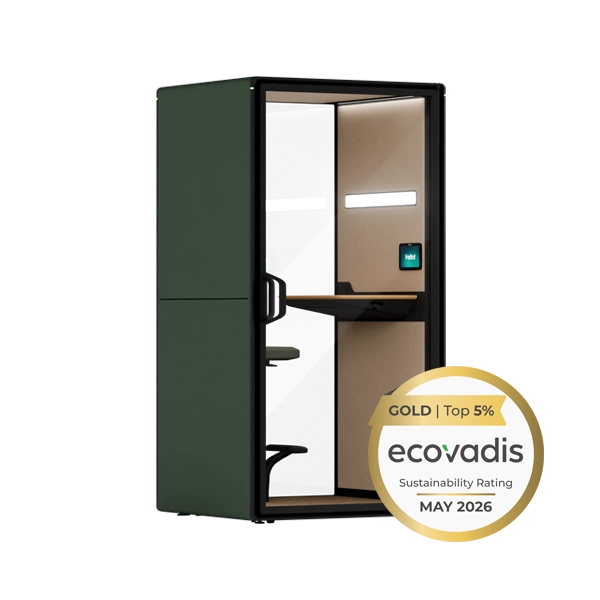 Green soundproof privacy booth with a desk and chair inside, featuring an Ecovadis sustainability rating badge.