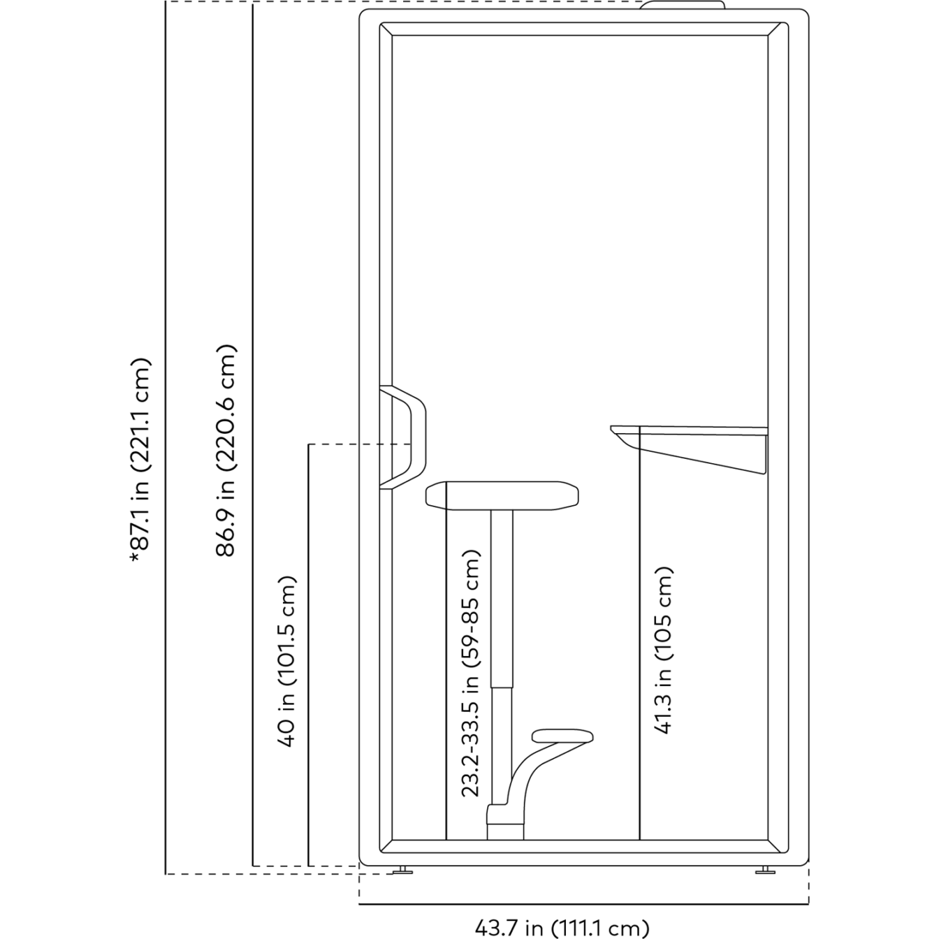 Black and white line drawing with dimensions of Framery Gradus Focus pod front view.