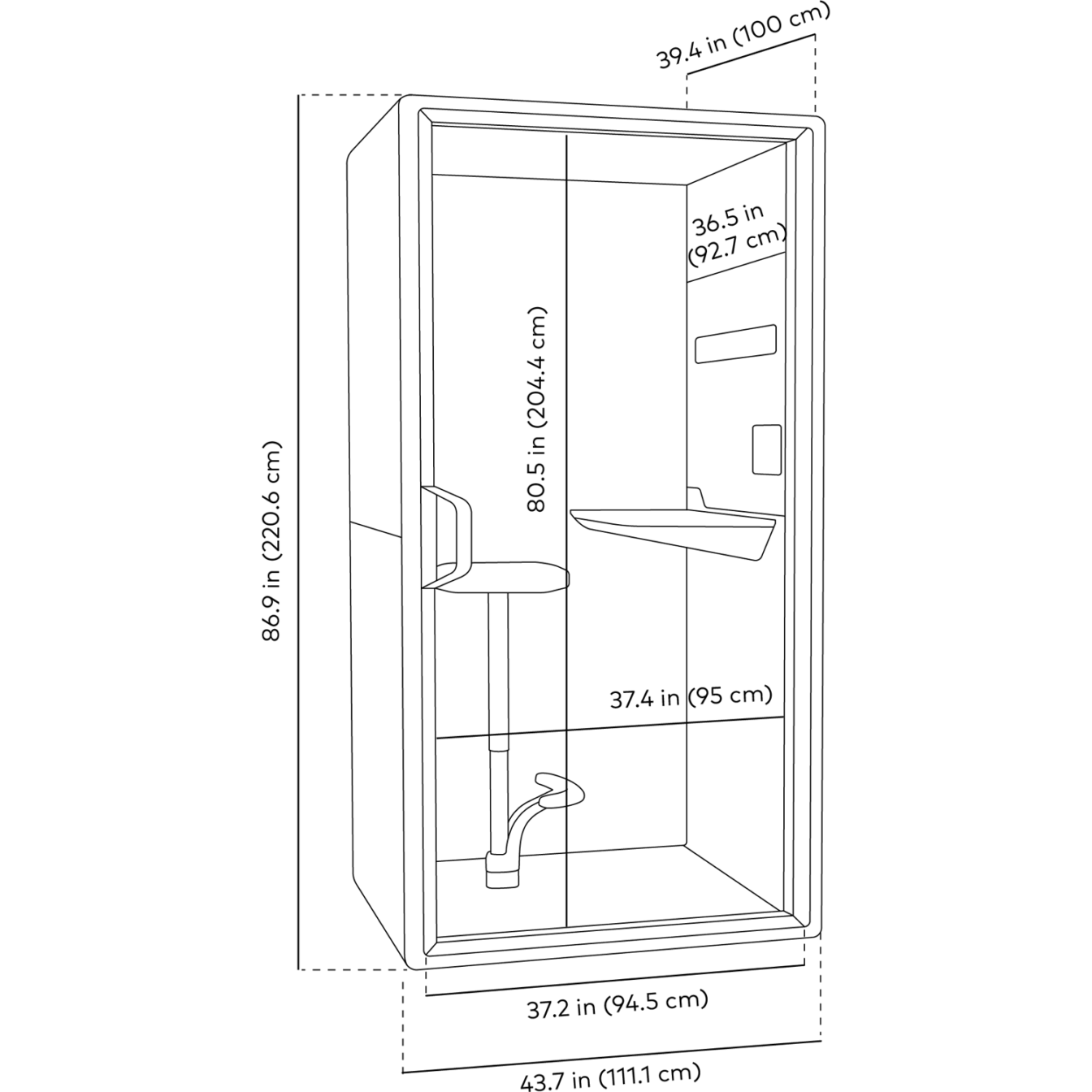 Black and white line drawing with dimensions of Framery Gradus Focus pod main view.