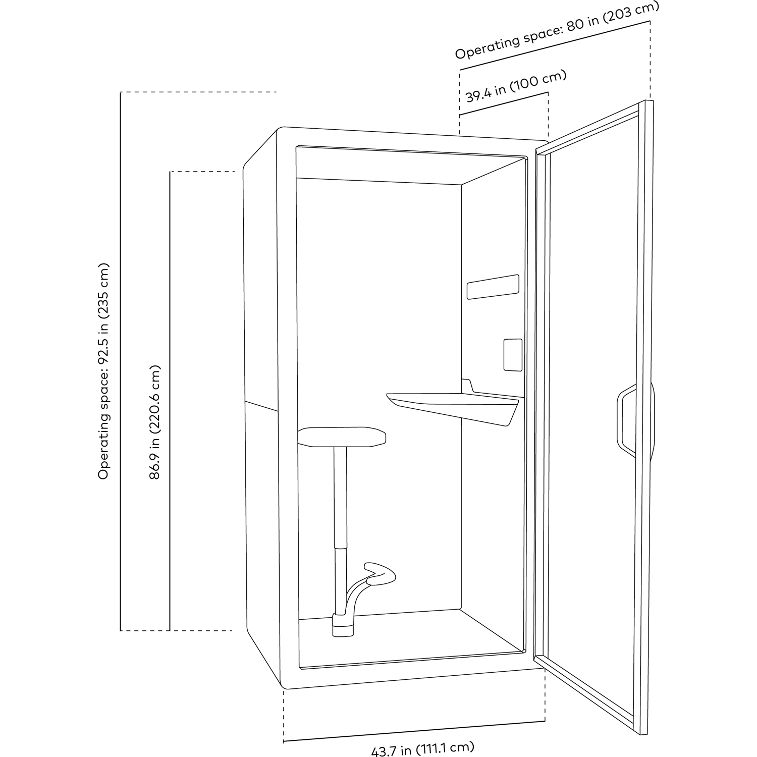 Line drawings with measurements of Framery Gradus Focus pods operating space.