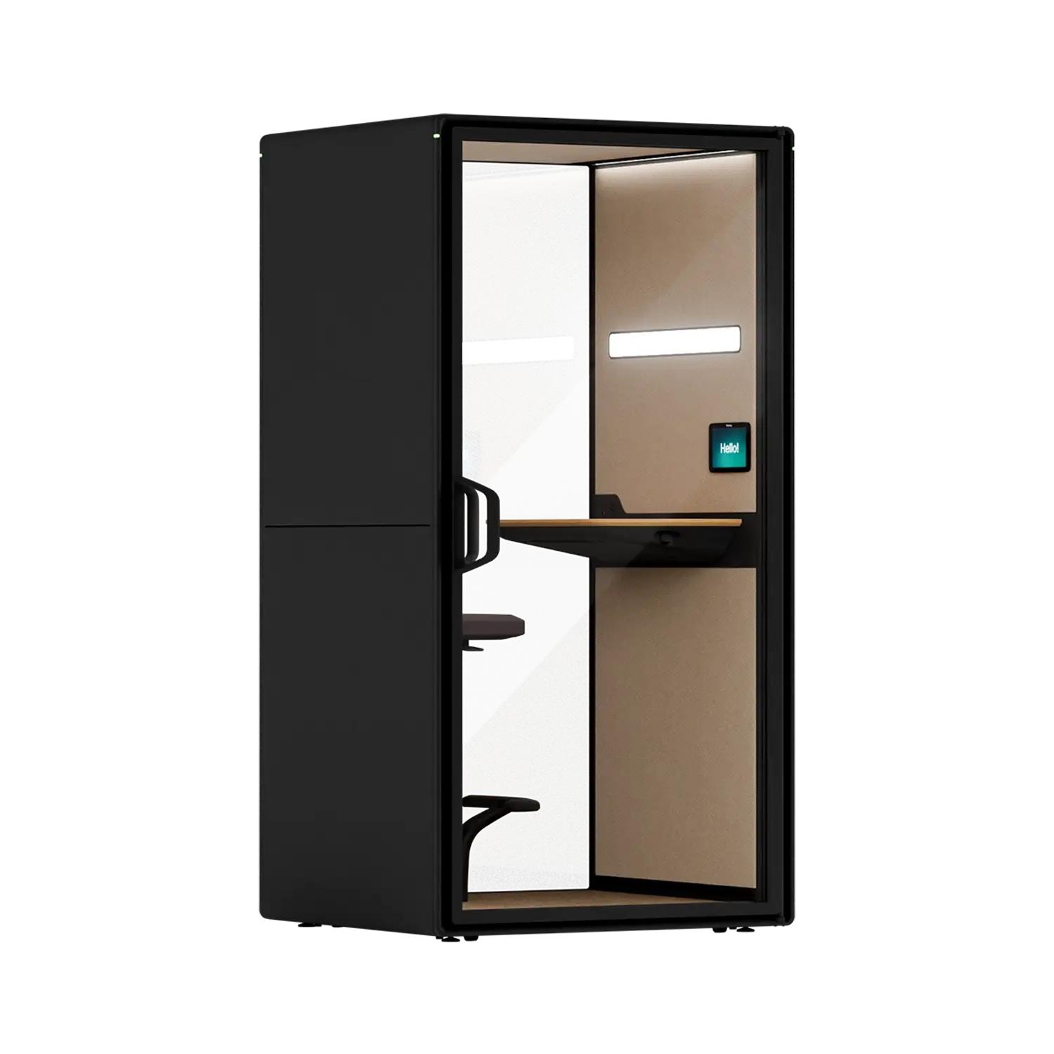 A Framery Gradus Focus smart and soundproof focus pod with black exterior.