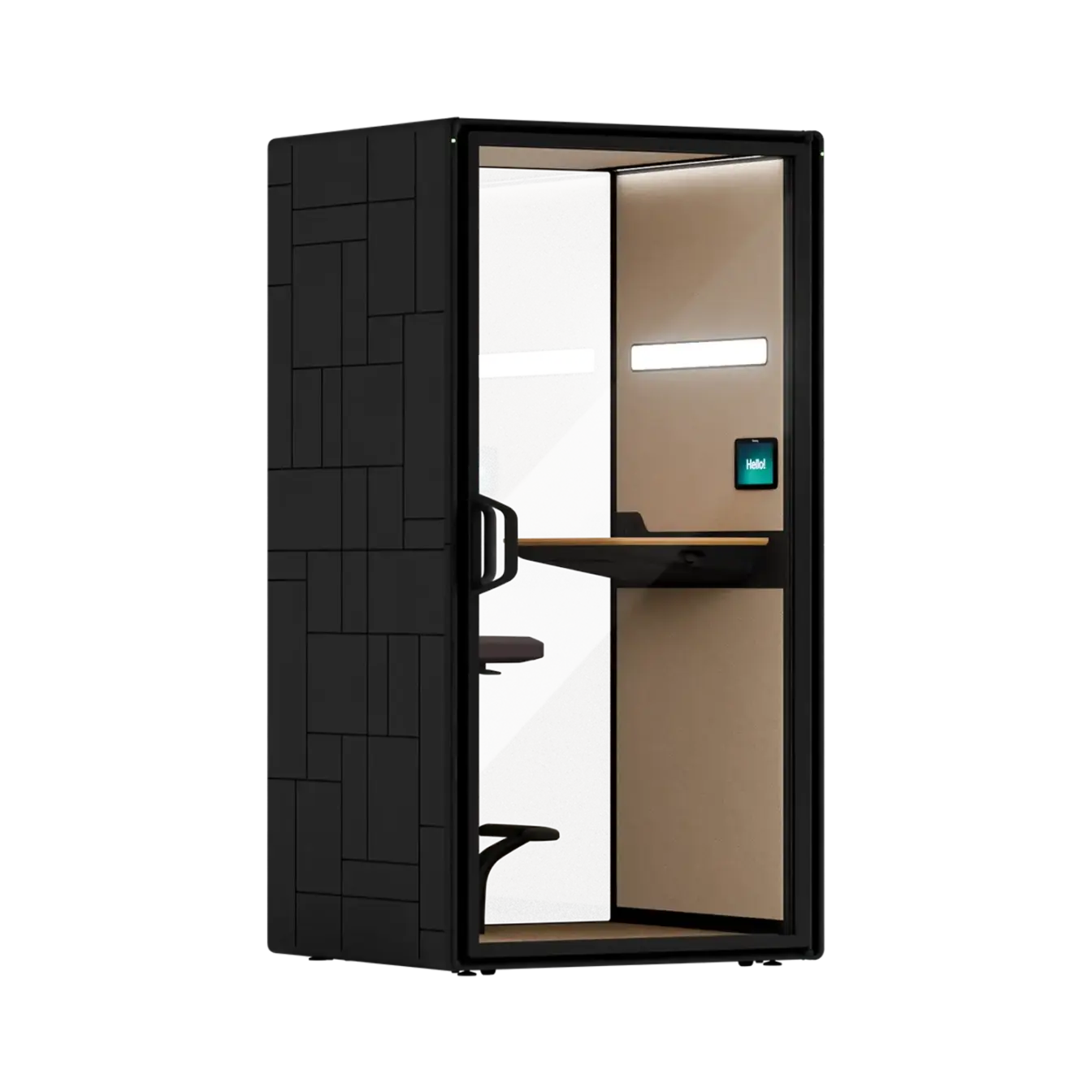 A Framery Gradus Focus smart and soundproof focus pod with charcoal wall panel exterior.