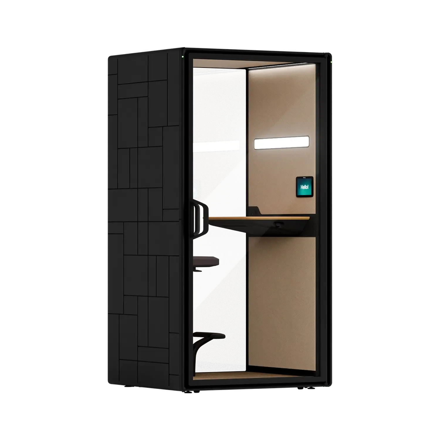 A Framery Gradus Focus smart and soundproof focus pod with charcoal wall panel exterior.