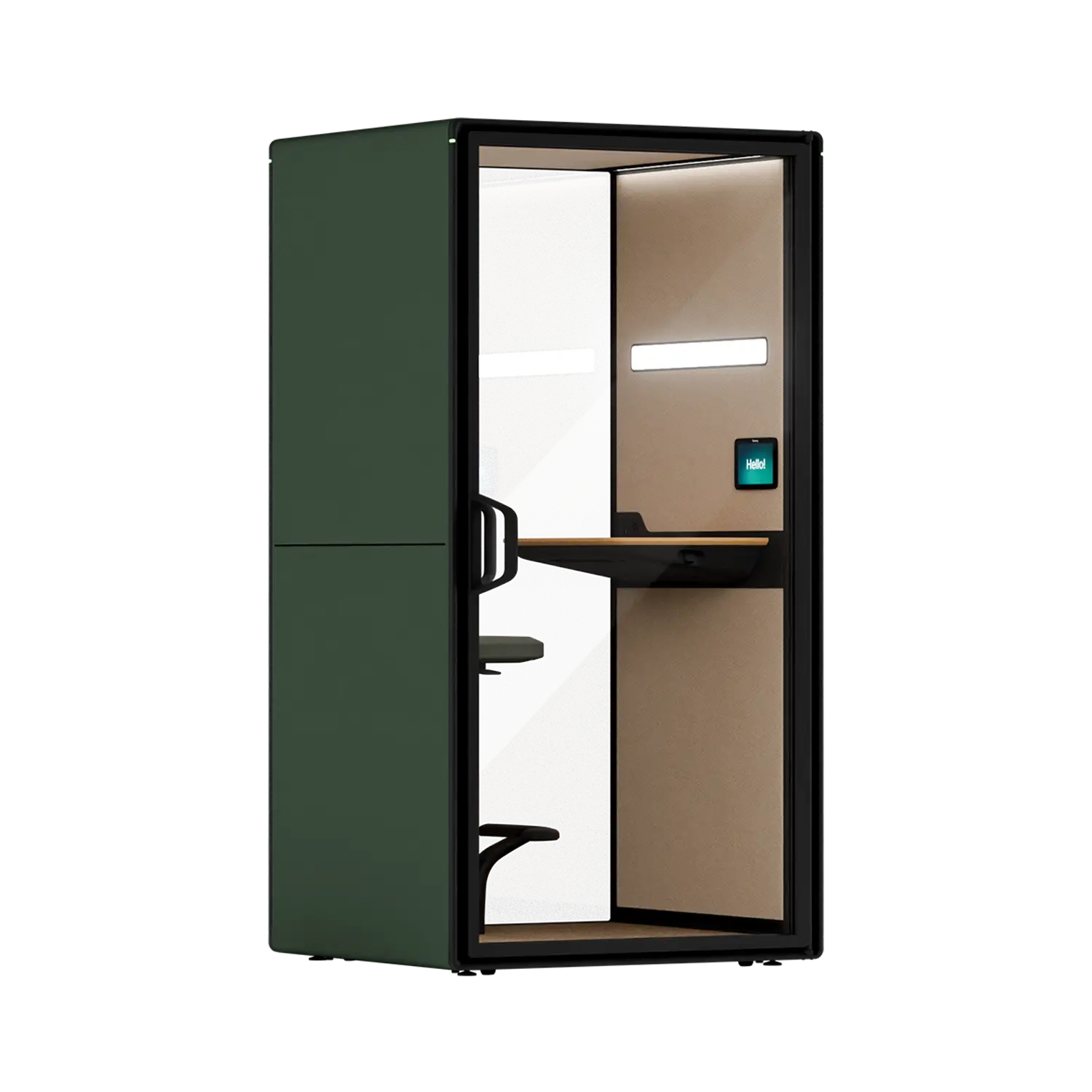 A Framery Gradus Focus smart and soundproof focus pod with moss green exterior.