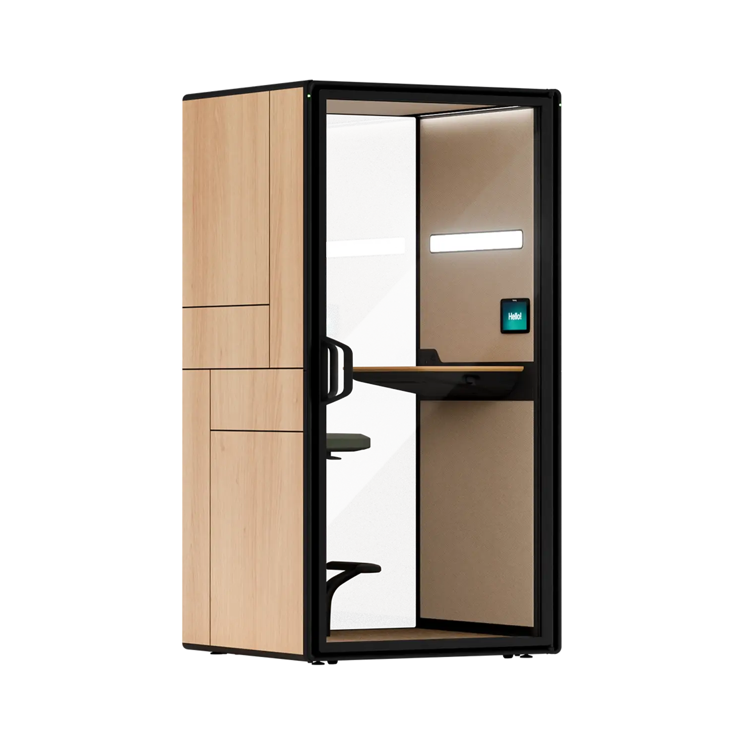 A Framery Gradus Focus smart and soundproof focus pod with oak exterior.