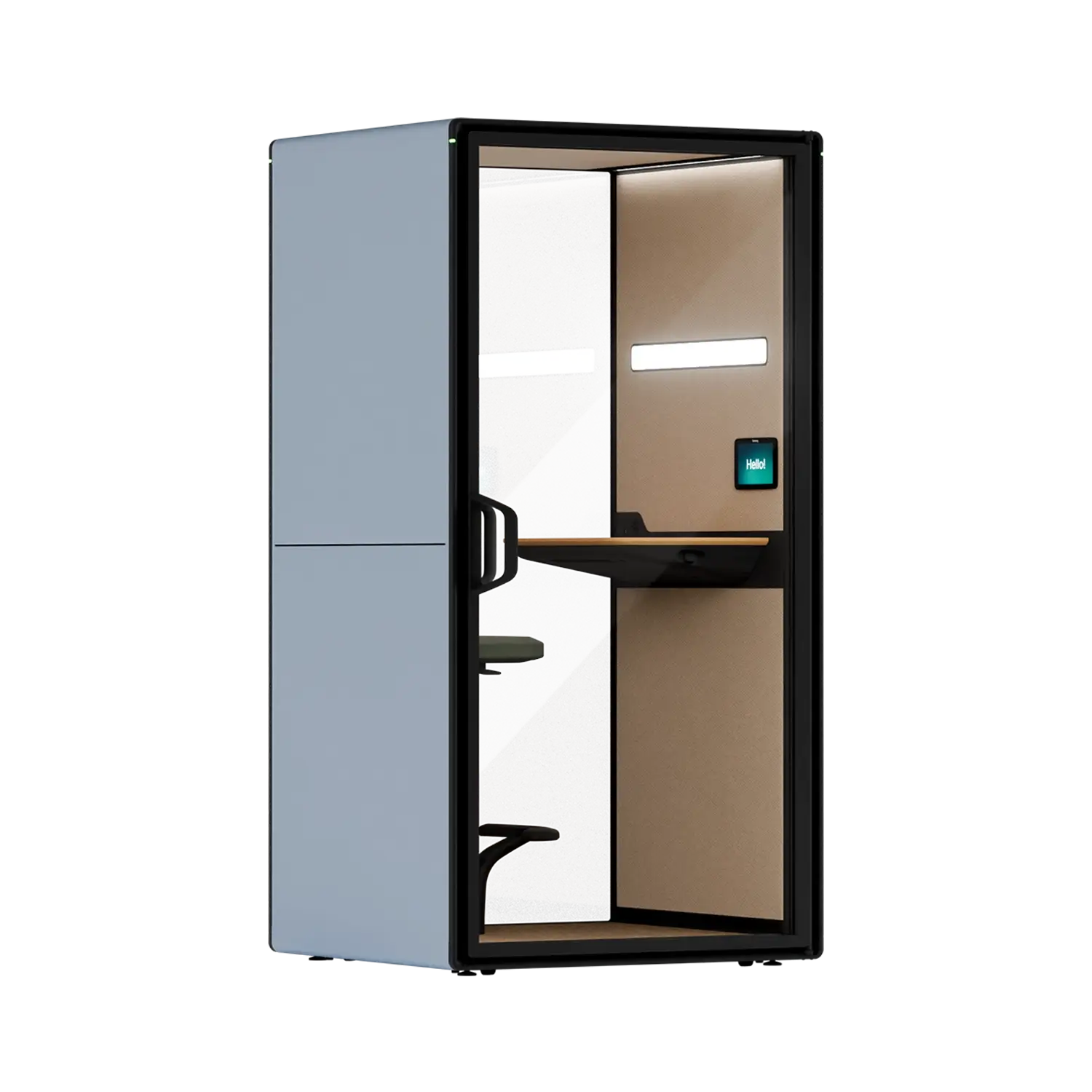 A Framery Gradus Focus smart and soundproof focus pod with powder blue exterior.
