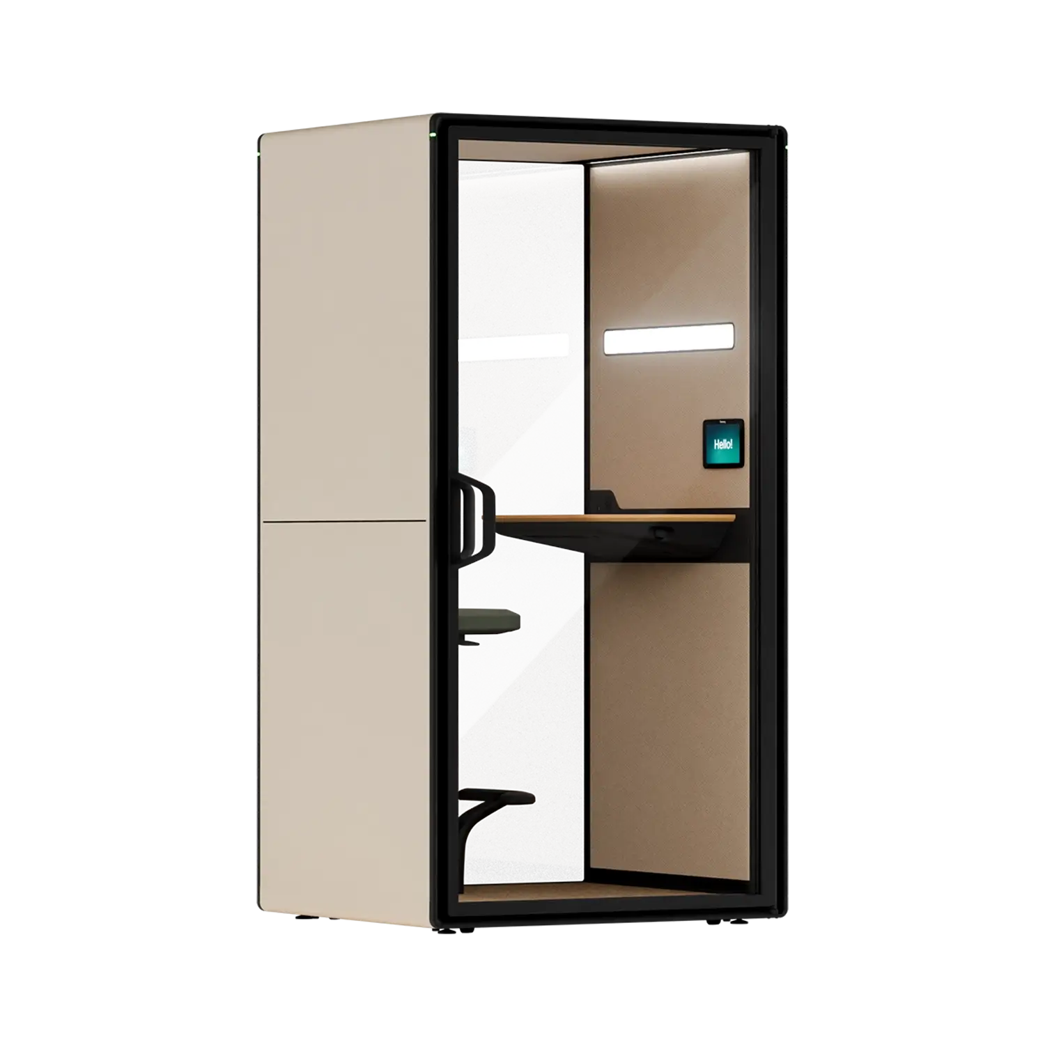 A Framery Gradus Focus smart and soundproof focus pod with sand exterior.