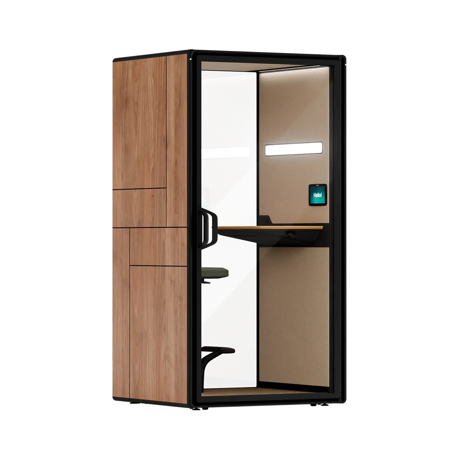 A Framery Gradus Focus smart and soundproof focus pod with walnut exterior.