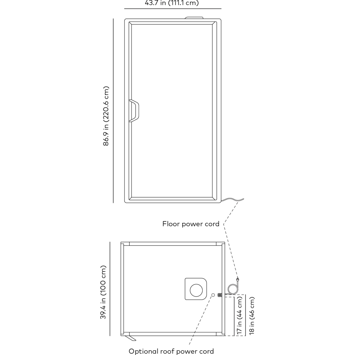 Line drawings with measurements of Framery Gradus Focus pods power cord specifications.