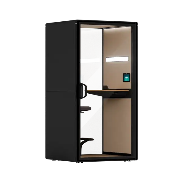 A Framery Gradus Focus smart and soundproof focus pod with a desk, chair, and built-in lighting.
