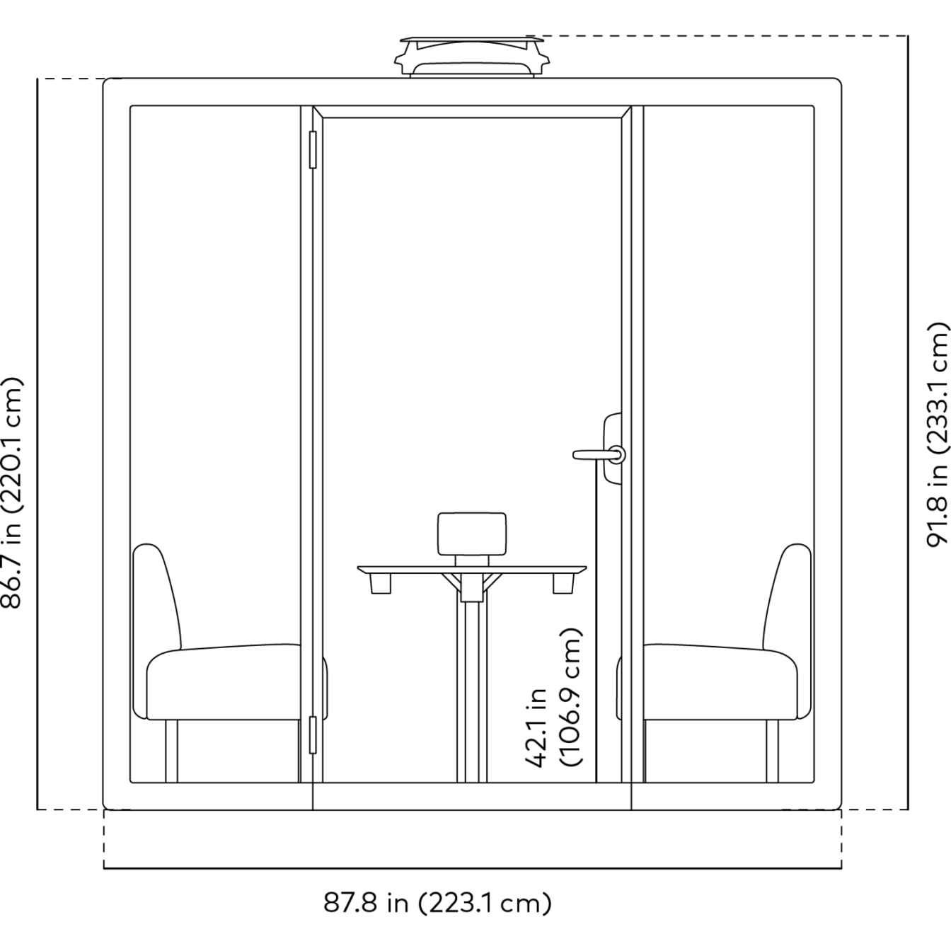 Black and white line drawing with dimensions of Framery Gradus Huddle pod from front view.