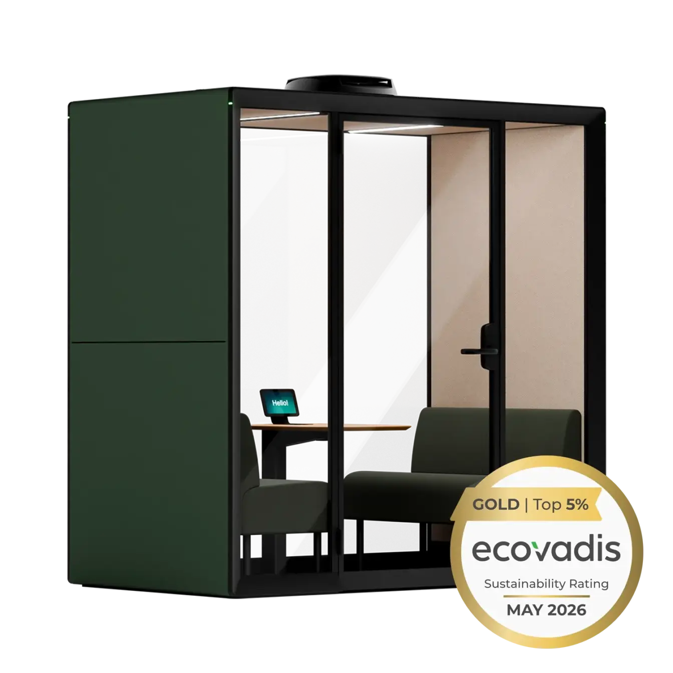 Glass-walled compact Framery Gradus Huddle huddle room with a green exterior panel, interior desk and chair, and an Ecovadis Gold sustainability badge.
