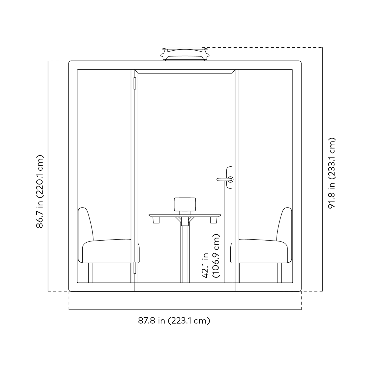 Black and white line drawing with dimensions of Framery Gradus Huddle room front view.